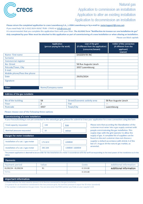 Luxembourg Creos gas business utility bill template in Word and PDF formats